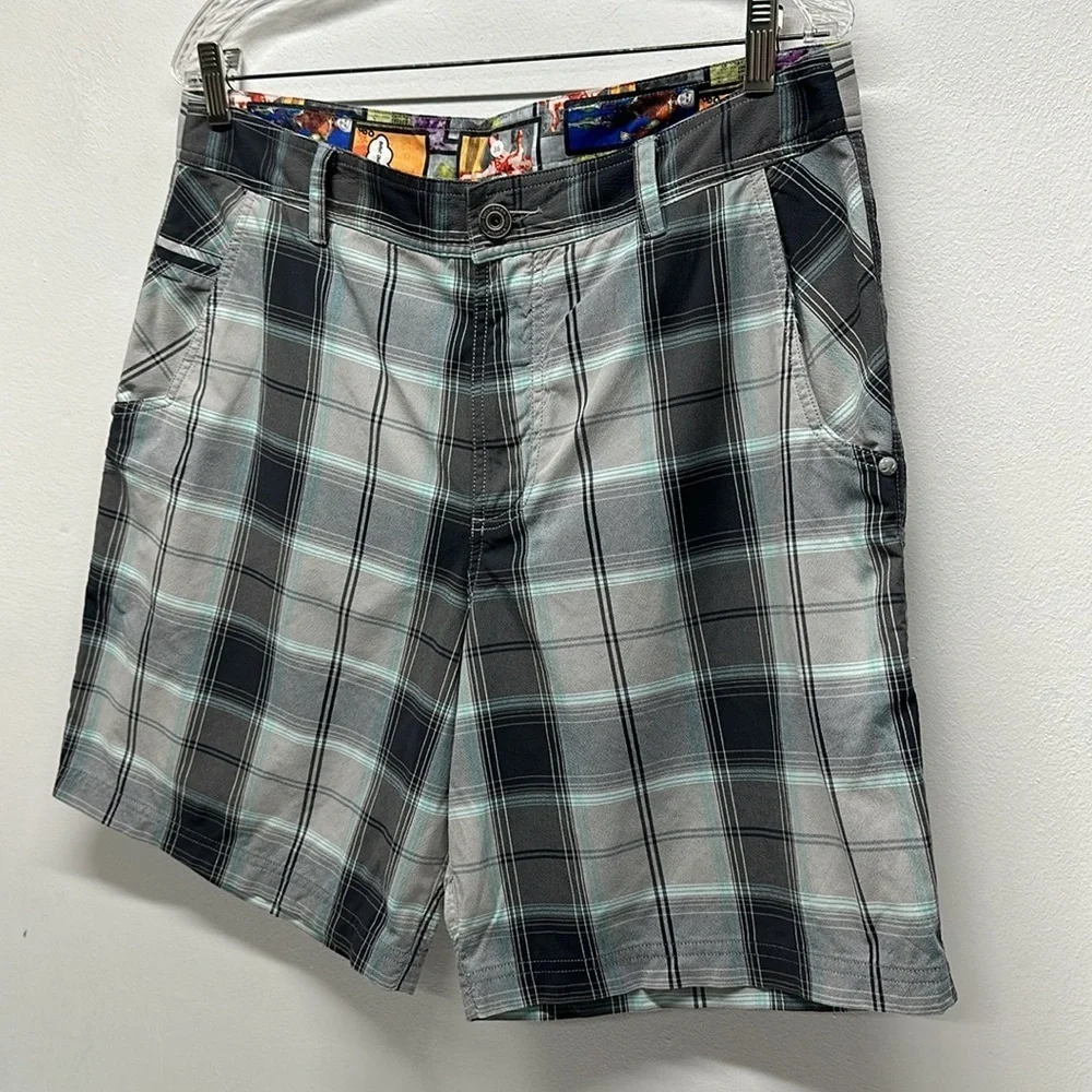 Lululemon Kahuna Shorts Pockets Belt Loops Plaid Gray Blue 8.5